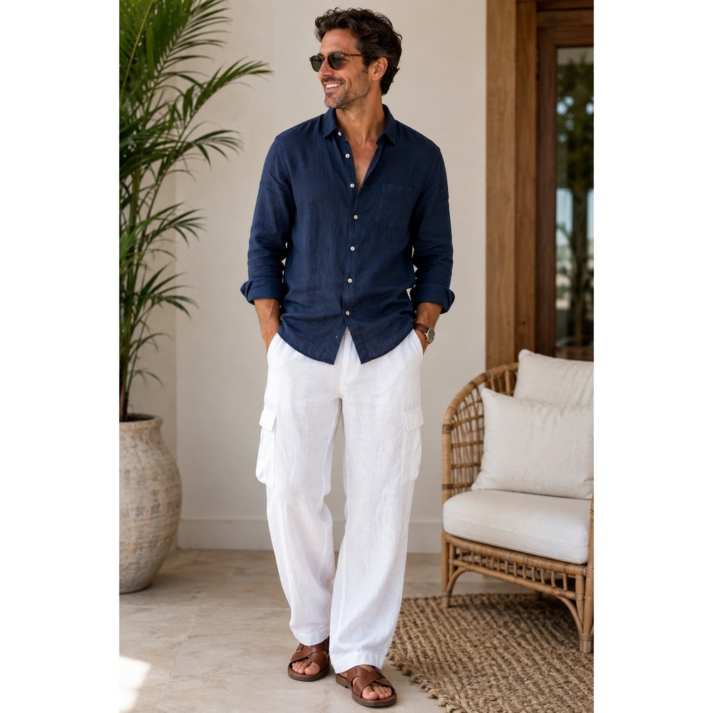 Caribbean Mens 100% Linen Cargo Pants White Straight Leg 40x34 Beach Summer NWOT